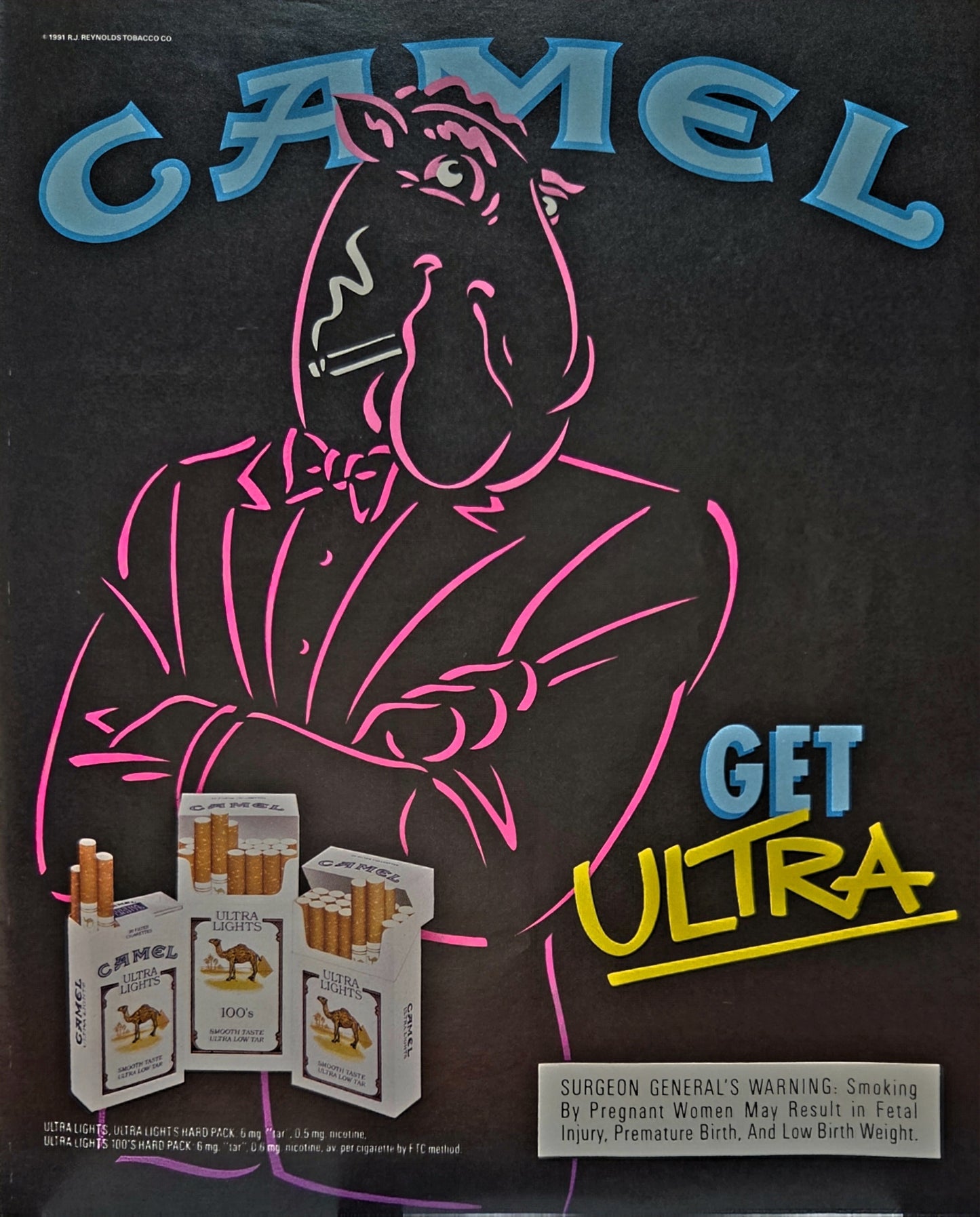 10x12 Vintage 1991 print advertisement featuring the controversial cartoon mascot Joe Camel