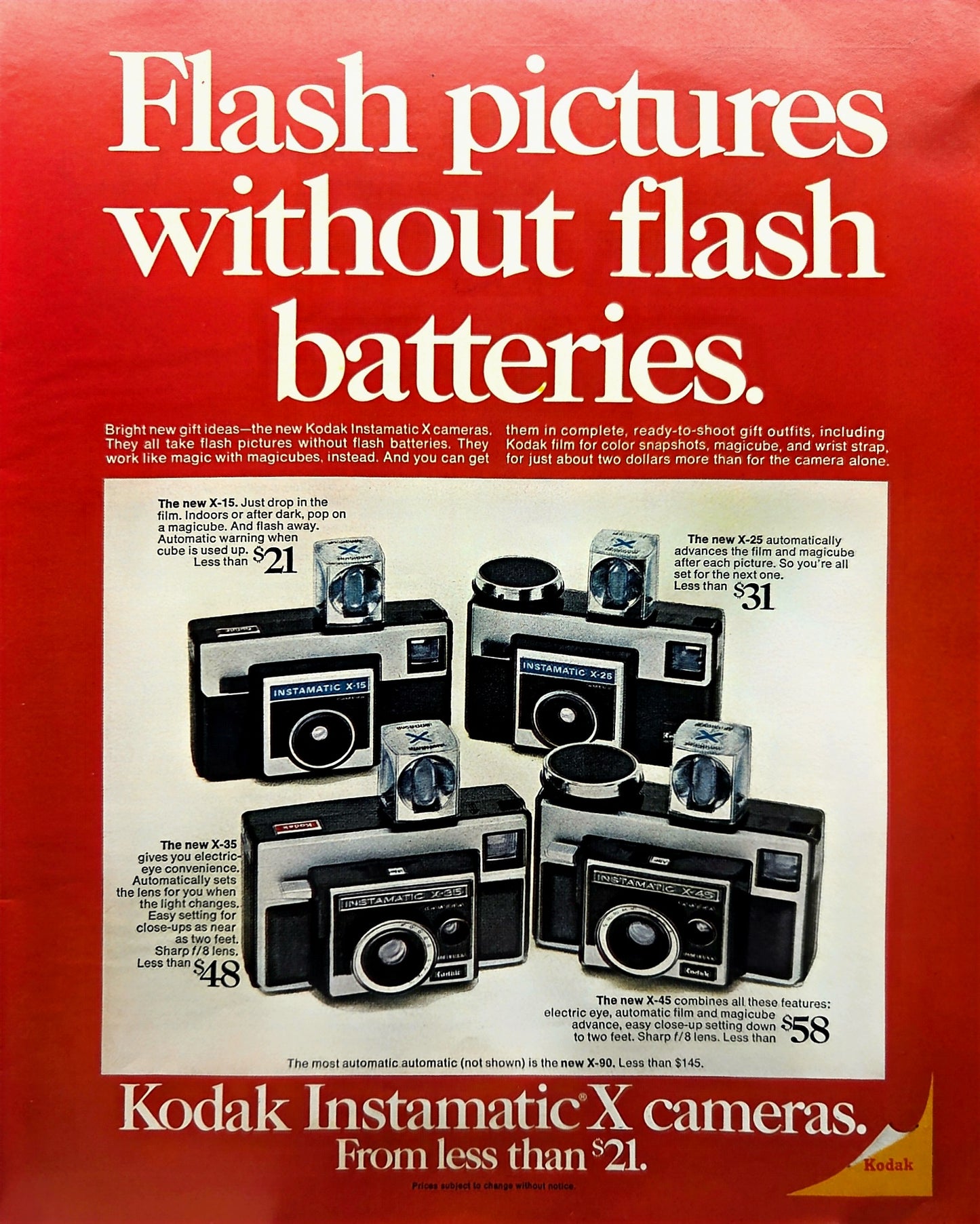 10x12 Vintage 1970 Kodak Instamatic X Cameras Print Ad featuring models like the X-15, X-25, X-35, and X-45