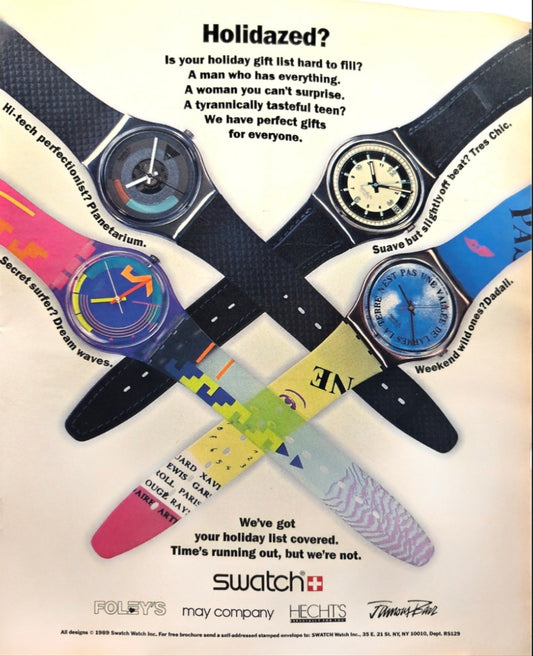 vintage 1989 Swatch holiday print advertisement titled "Holidazed?"