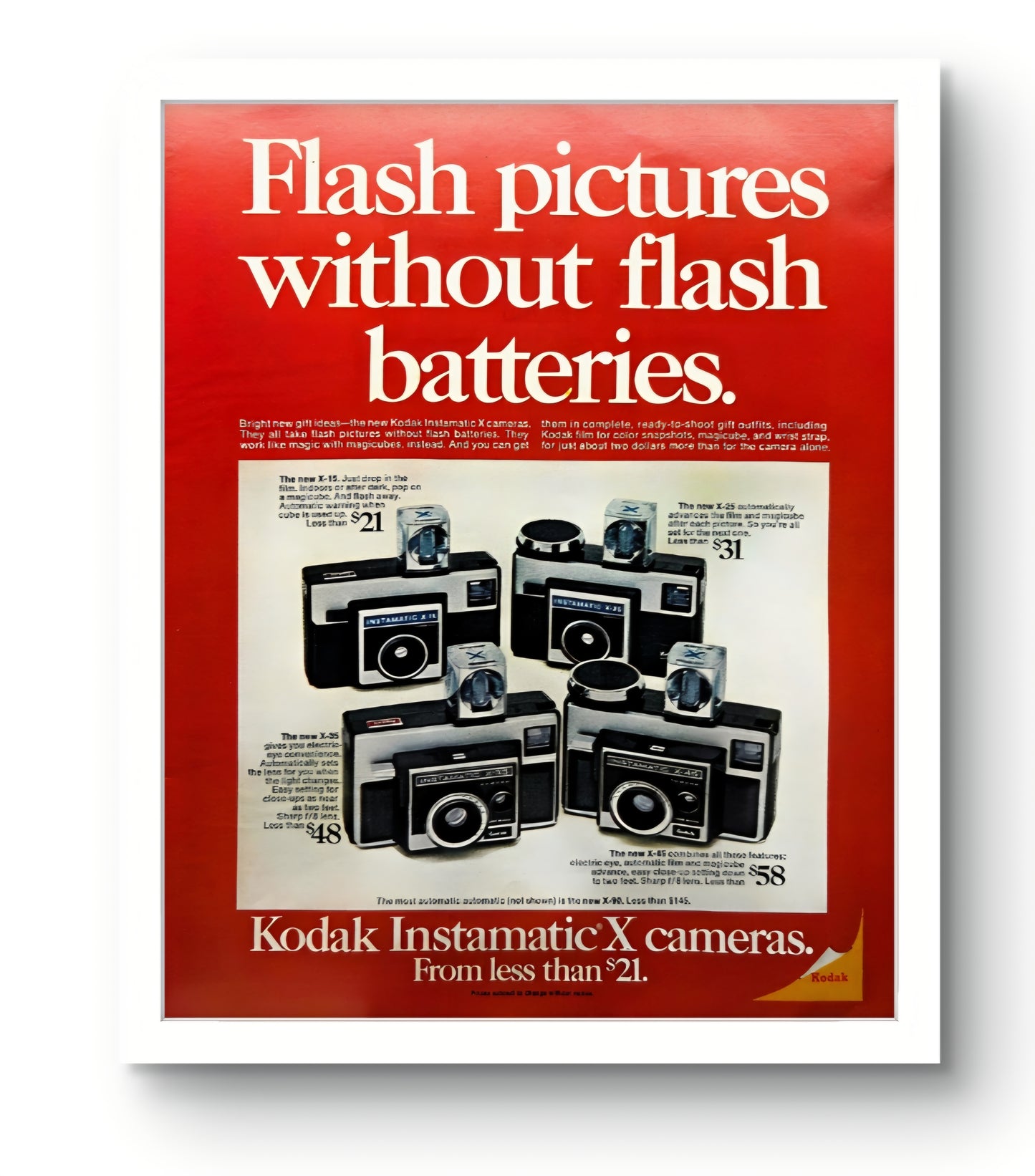10x12 Vintage 1970 Kodak Instamatic X Cameras Print Ad featuring models like the X-15, X-25, X-35, and X-45