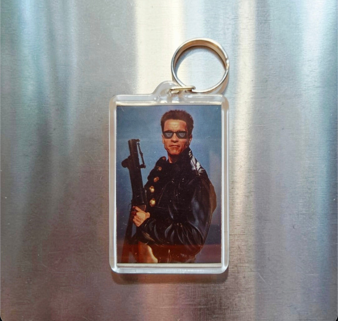 Vintage acrylic photo keychain featuring Arnold Schwarzenegger