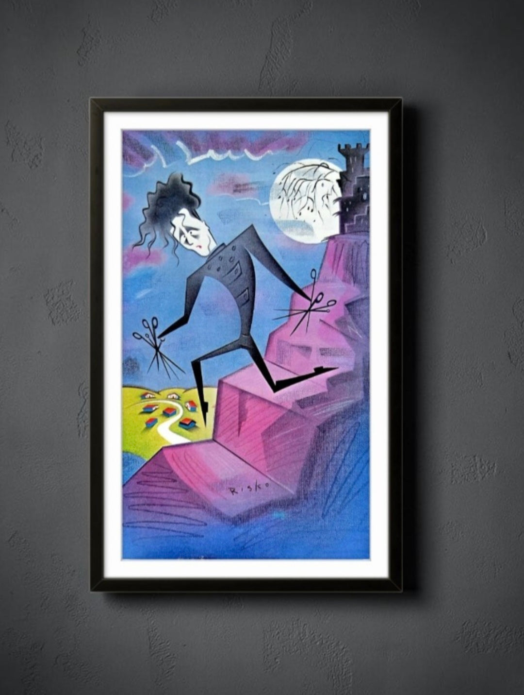 8x15 Framed Vintage Print illustration by Robert Risko, featuring a stylized caricature of Johnny Depp