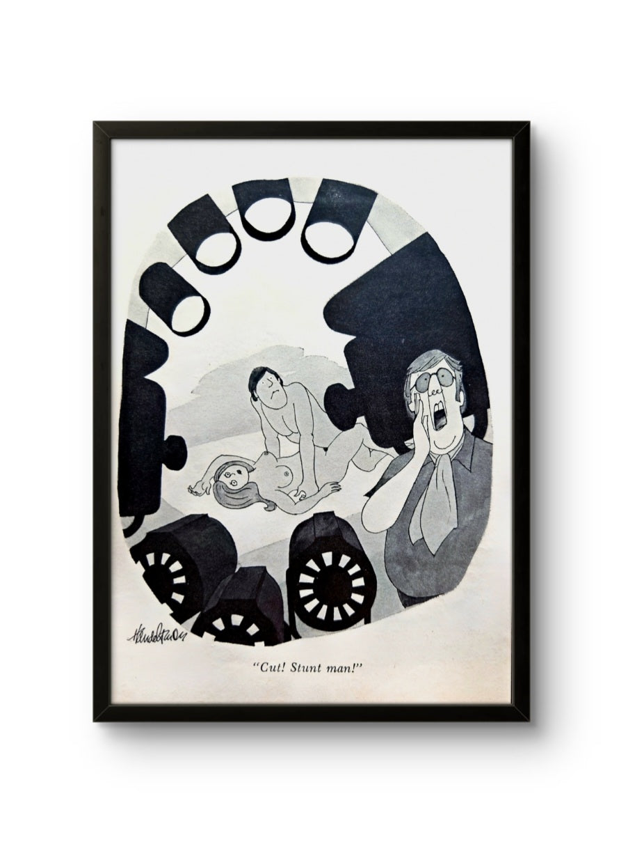 5x7 Framed black-and-white cartoon "Cut! Stunt man!"