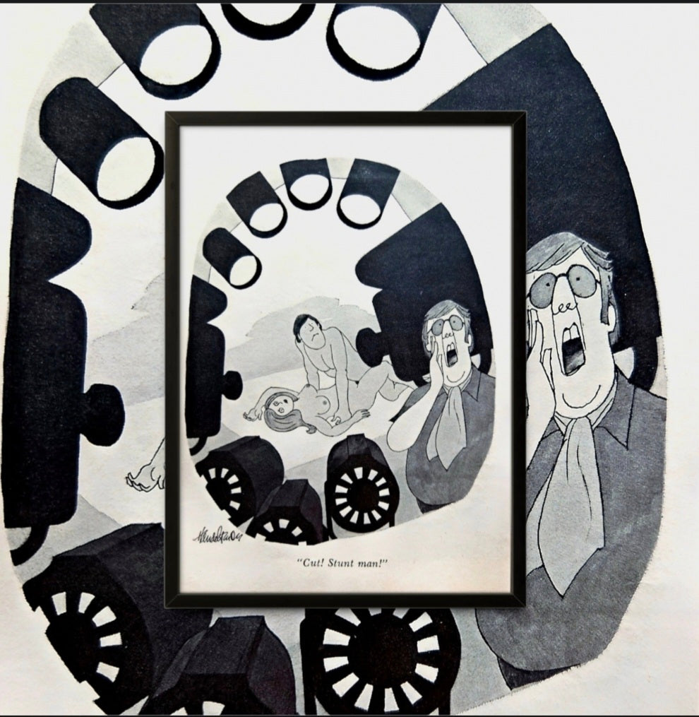 5x7 Framed black-and-white cartoon "Cut! Stunt man!"