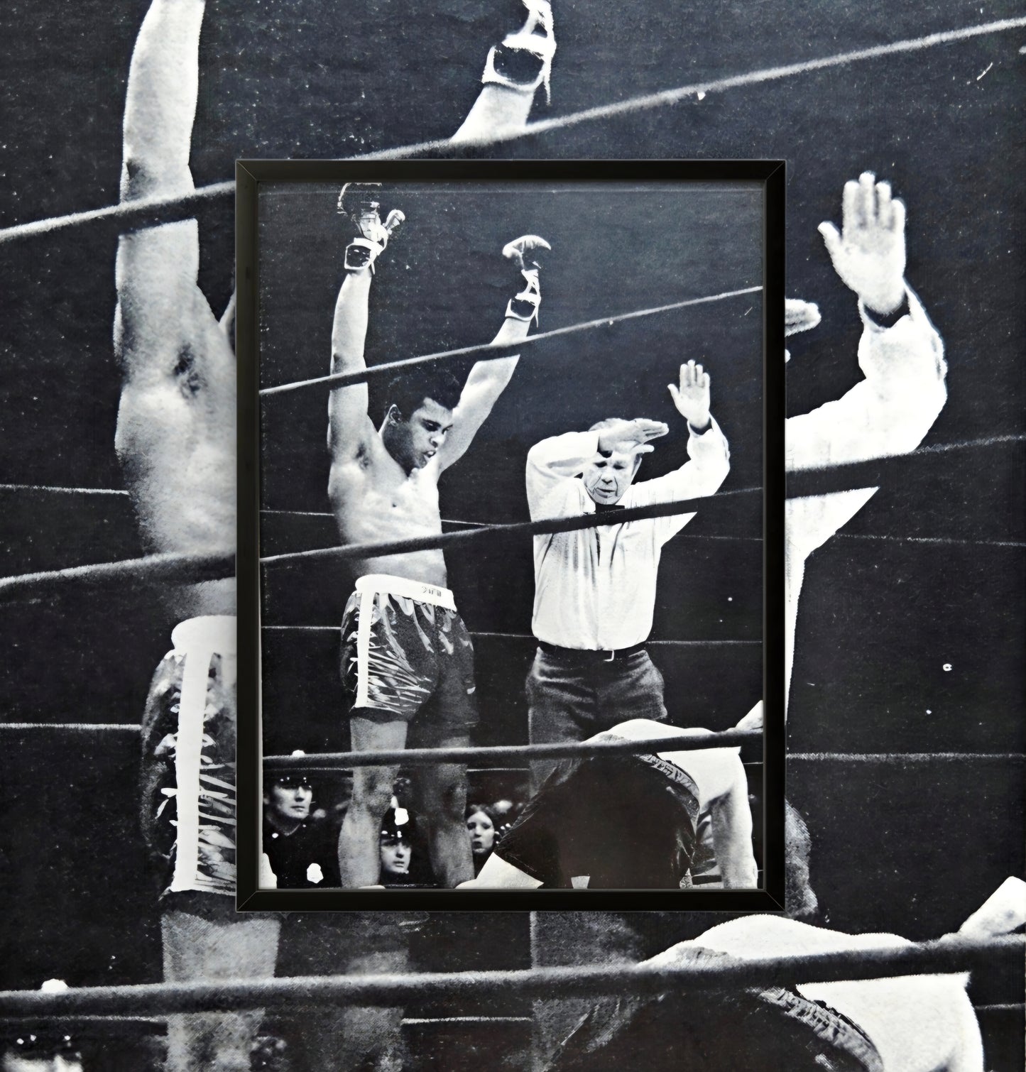 5x7 framed black-and-white print of the iconic 1970 photograph by Bill Ray featuring Muhammad Ali celebrating his victory over Oscar Bonavena