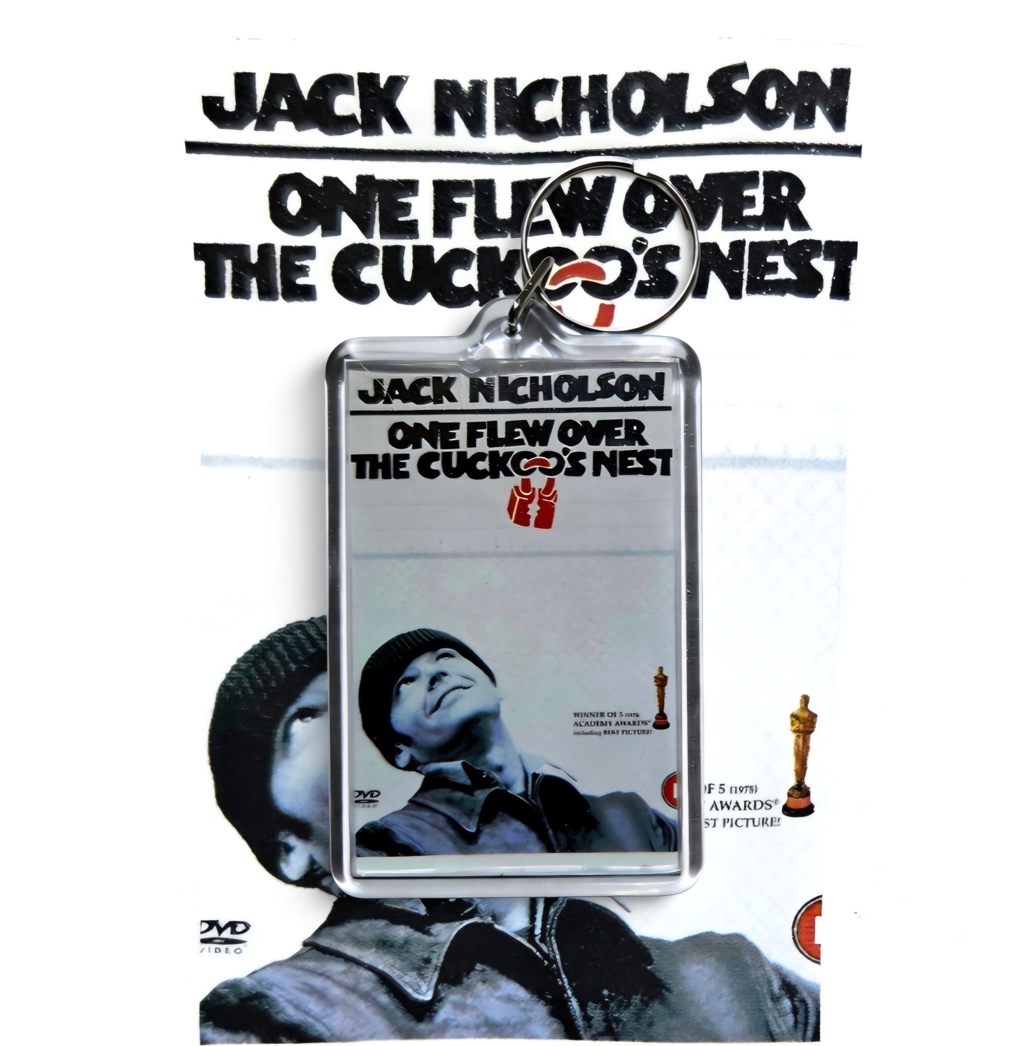 Keychain featuring the movie poster art for the 1975 film One Flew Over the Cuckoo's Nest starring Jack Nicholson